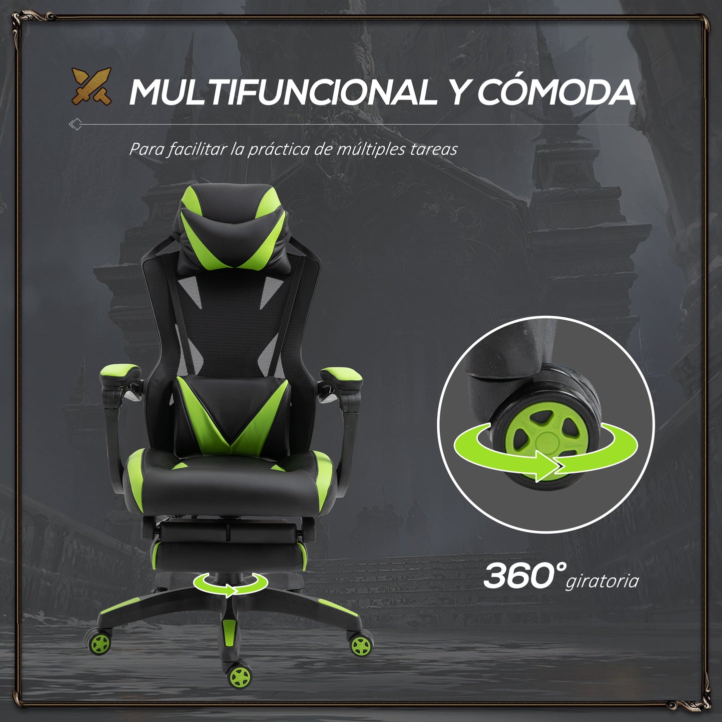 Vinsetto Silla Gaming Ergonómica Silla de Escritorio para Oficina con Altura Ajustable Respaldo Regulable de 170° Almohada Lumbar y Reposapiés Retráctil 65x70x117-125 cm Verde