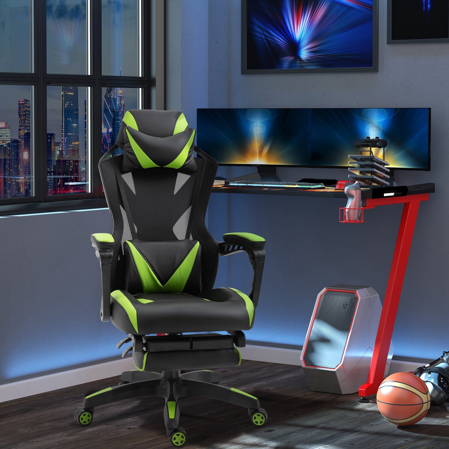 Vinsetto Silla Gaming Ergonómica Silla de Escritorio para Oficina con Altura Ajustable Respaldo Regulable de 170° Almohada Lumbar y Reposapiés Retráctil 65x70x117-125 cm Verde