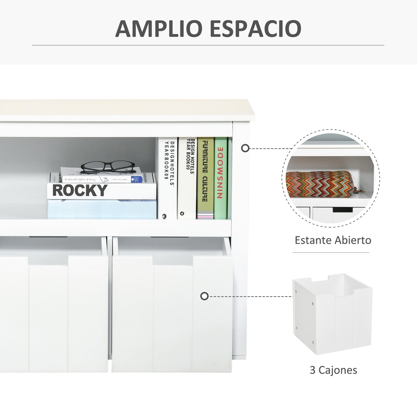 HOMCOM Aparador de Salón con 3 Cajones Extraíbles y Estantes Abiertos para Libros Juguetes Armario Auxiliar de Almacenamiento para Dormitorio Cocina 102x33x61,5 cm Blanco