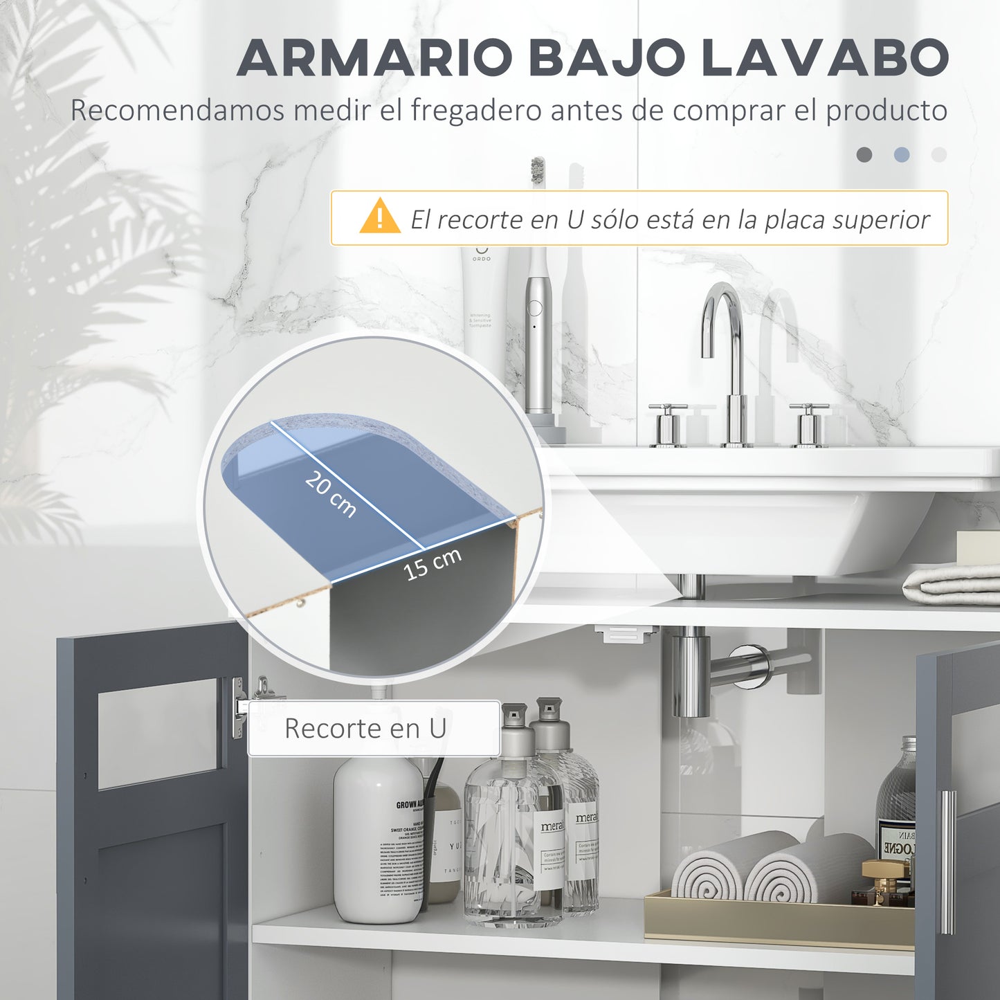 kleankin Mueble para Debajo del Lavabo Armario Bajo Lavabo con 2 Puertas de Vidrio Templado y Estante Ajustable 69x35x59 cm Blanco y Gris