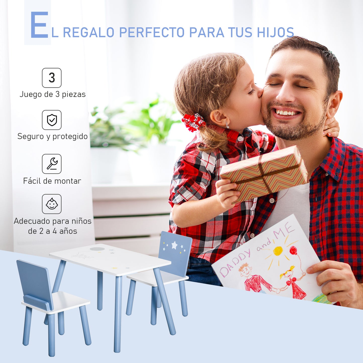 HOMCOM Juego de Mesa Infantil y 2 Sillas de Madera Mesa con Sillas para Niños de 2-4 Años Mesa 60x40x43 cm y Sillas 28x26x48 cm para Dormitorio Sala Blanco y Azul