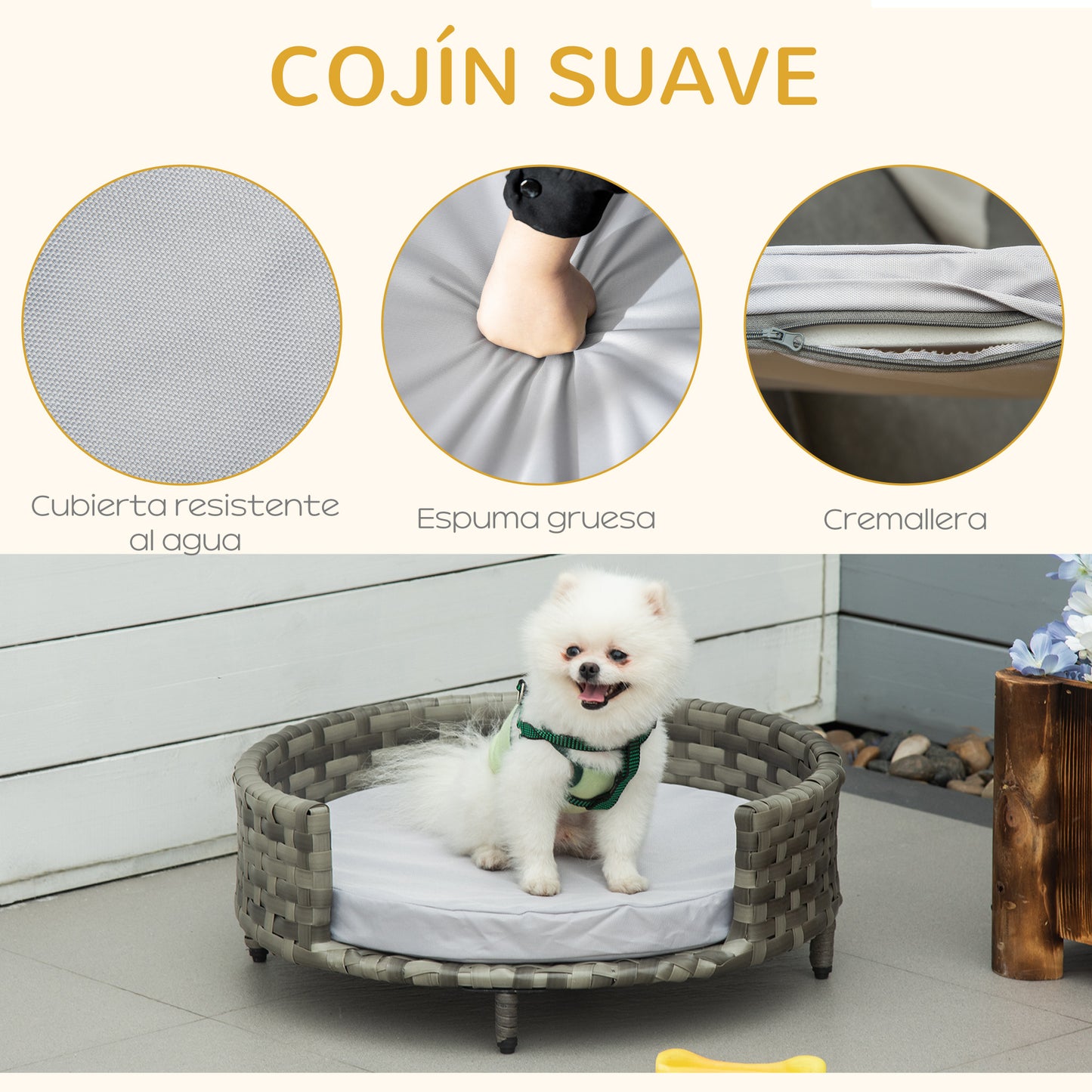 PawHut Sofá para Perros de Ratán Sintético Cama Elevada para Mascotas Pequeñas Redonda con Cojín Impermeable y Lavable para Interior y Exterior Ø60x20 cm Gris