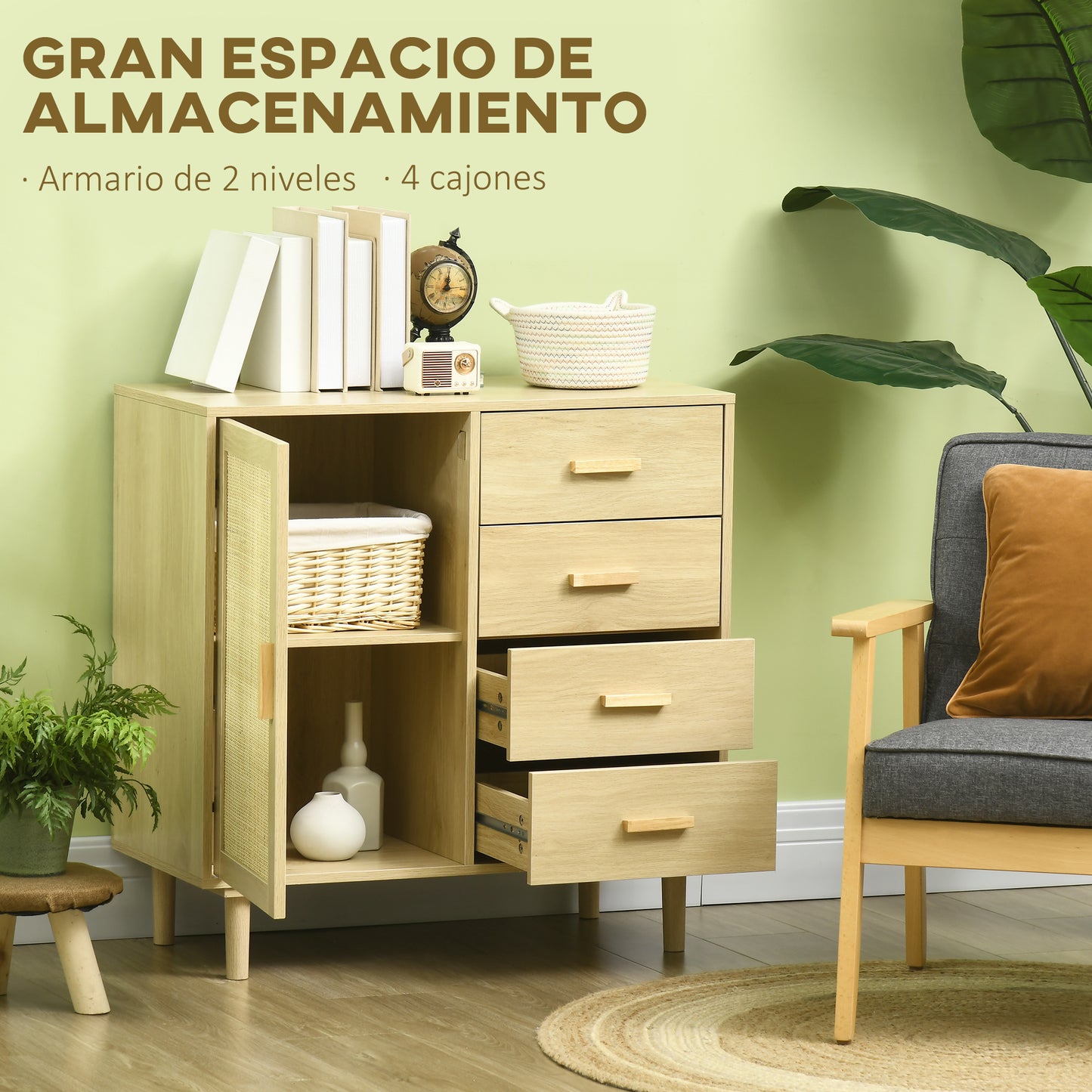 HOMCOM Aparador de Salón Estilo Cannage Buffet de Cocina con Puerta de Ratán 4 Cajones y Patas de Madera de Pino para Pasillo Entrada 80x38x80,5 cm Natural