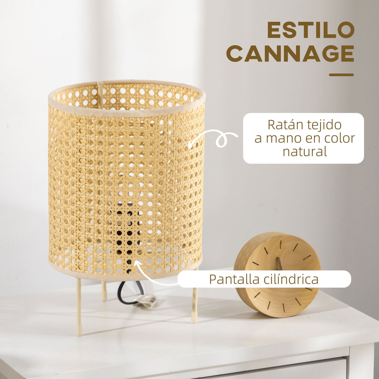 HOMCOM Lámpara de Mesa Lámpara de Mesita de Noche Casquillo E27 Máx. 40W con Pantalla de Ratán Sintético para Dormitorio Salón Ø20x30,5 cm Natural