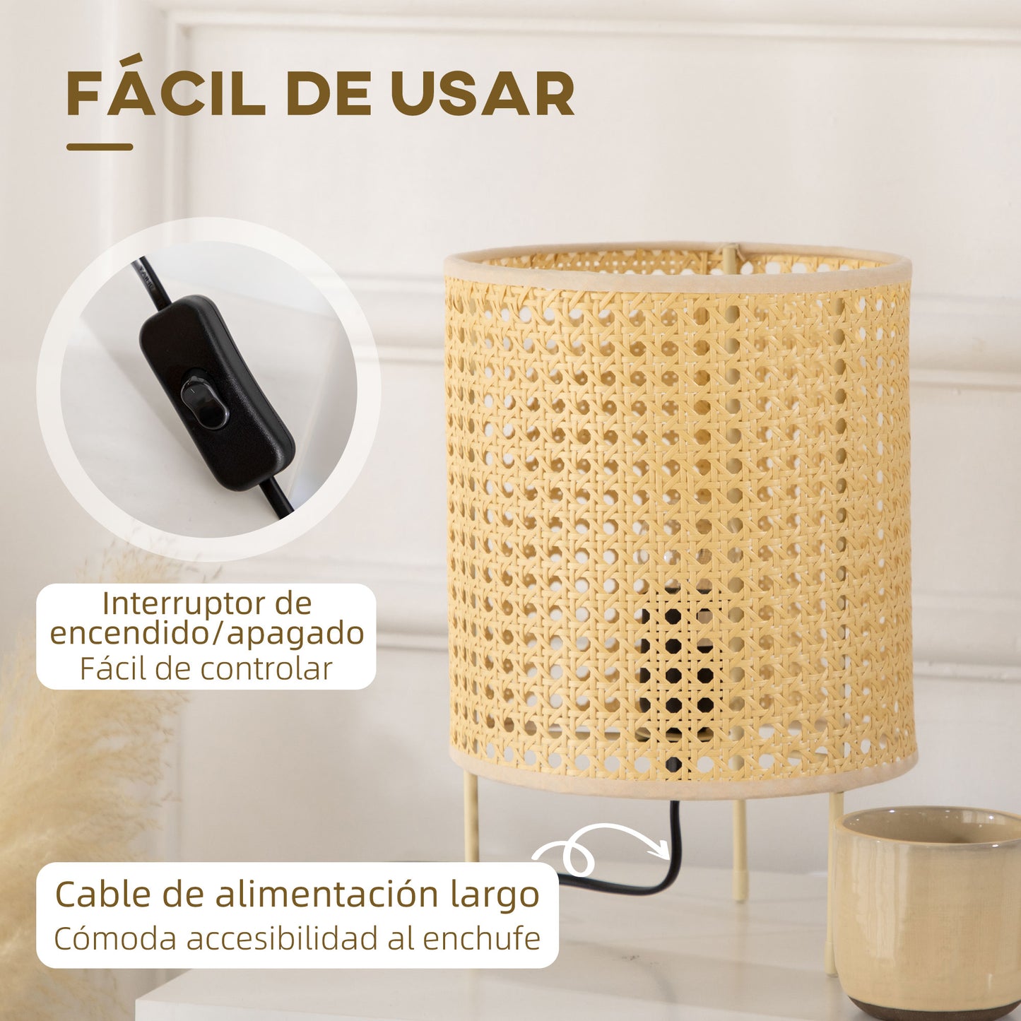 HOMCOM Lámpara de Mesa Lámpara de Mesita de Noche Casquillo E27 Máx. 40W con Pantalla de Ratán Sintético para Dormitorio Salón Ø20x30,5 cm Natural