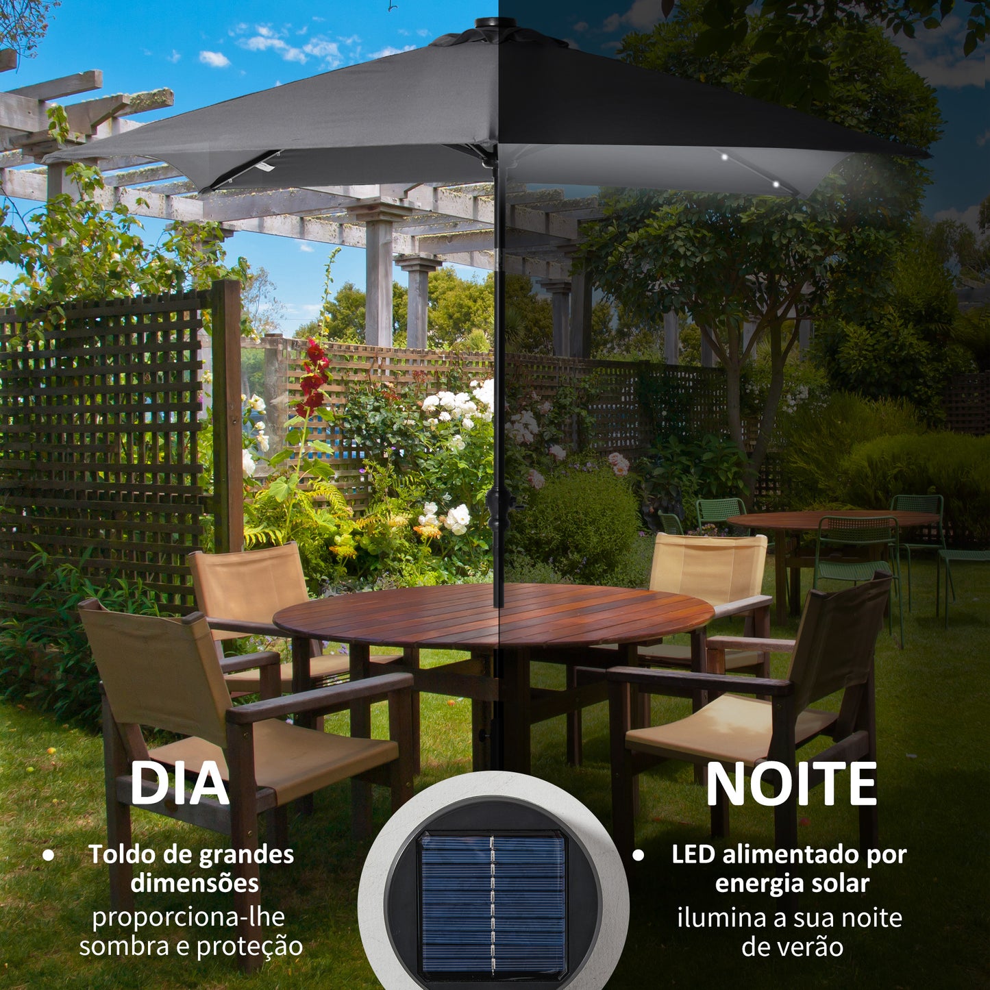 Outsunny Sombrilla de Jardín 268x205x248 cm Parasol de Terraza con Techo Inclinable hasta 45° Luces LED Solares e Impermeable para Patio Balcón Gris Oscuro