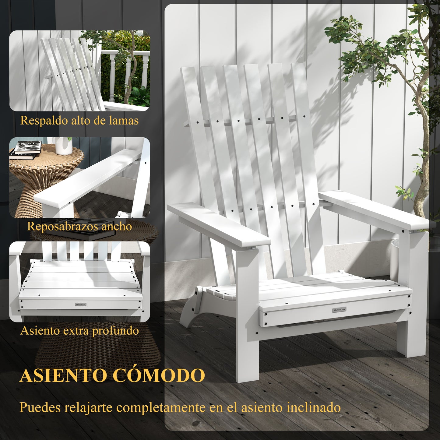 Outsunny Silla Adirondack de Madera Silla de Jardín Plegable con Reposabrazos Carga 160 kg para Patio Terraza Balcón 68x81x93 cm Blanco