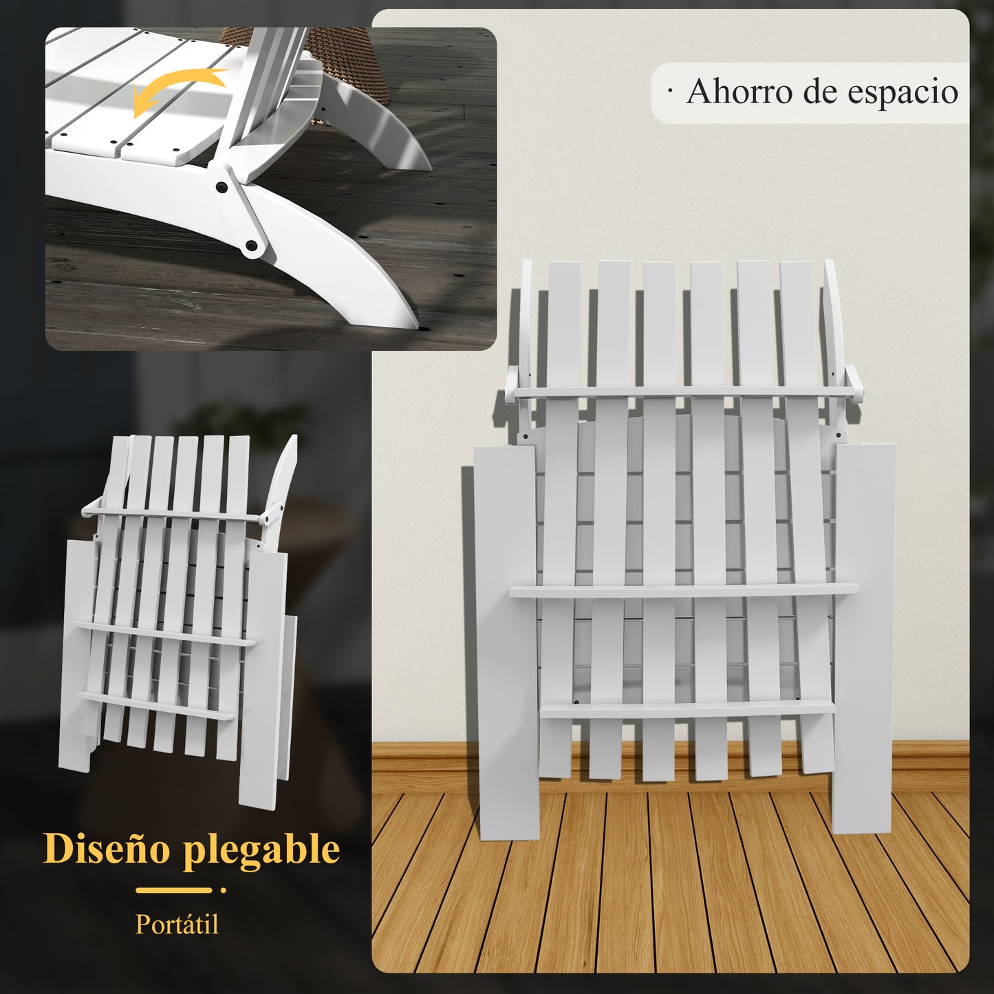 Outsunny Silla Adirondack de Madera Silla de Jardín Plegable con Reposabrazos Carga 160 kg para Patio Terraza Balcón 68x81x93 cm Blanco