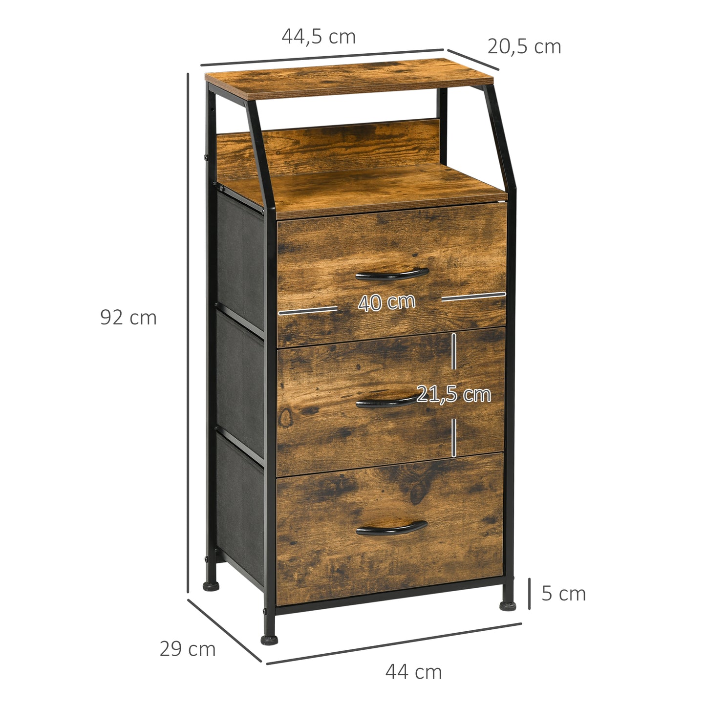 HOMCOM Cómoda Cajonera Cómoda de Madera con 3 Cajones de Tela Plegable y Estante Abierto para Salón Oficina Dormitorio Estilo Industrial Antivuelco 44x29x92 cm Marrón Rústico