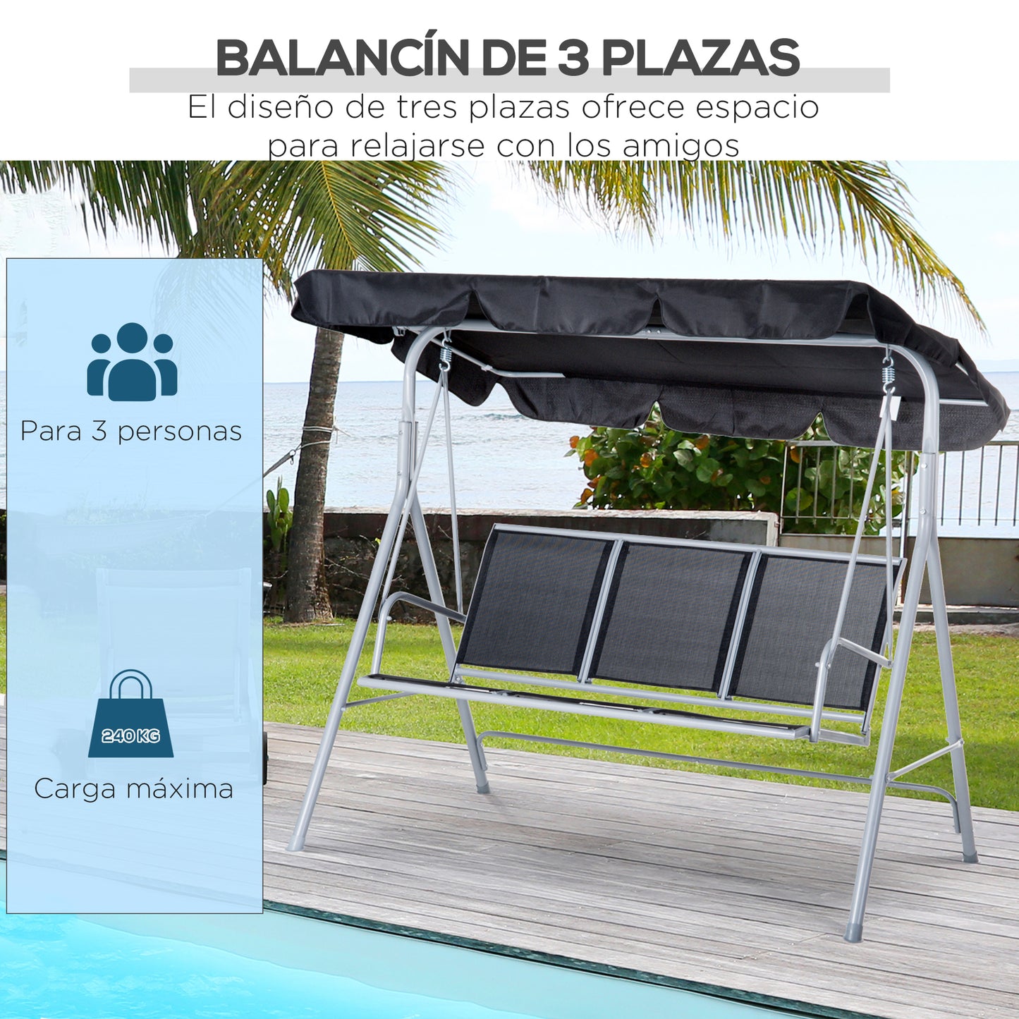 Outsunny Balancín Jardín Exterior Columpio Exterior de 3 Plazas con Toldo Ajustable Respaldo Transpirable y Marco de Metal para Terraza Balcón Carga 240 kg 171x108x154 cm Negro