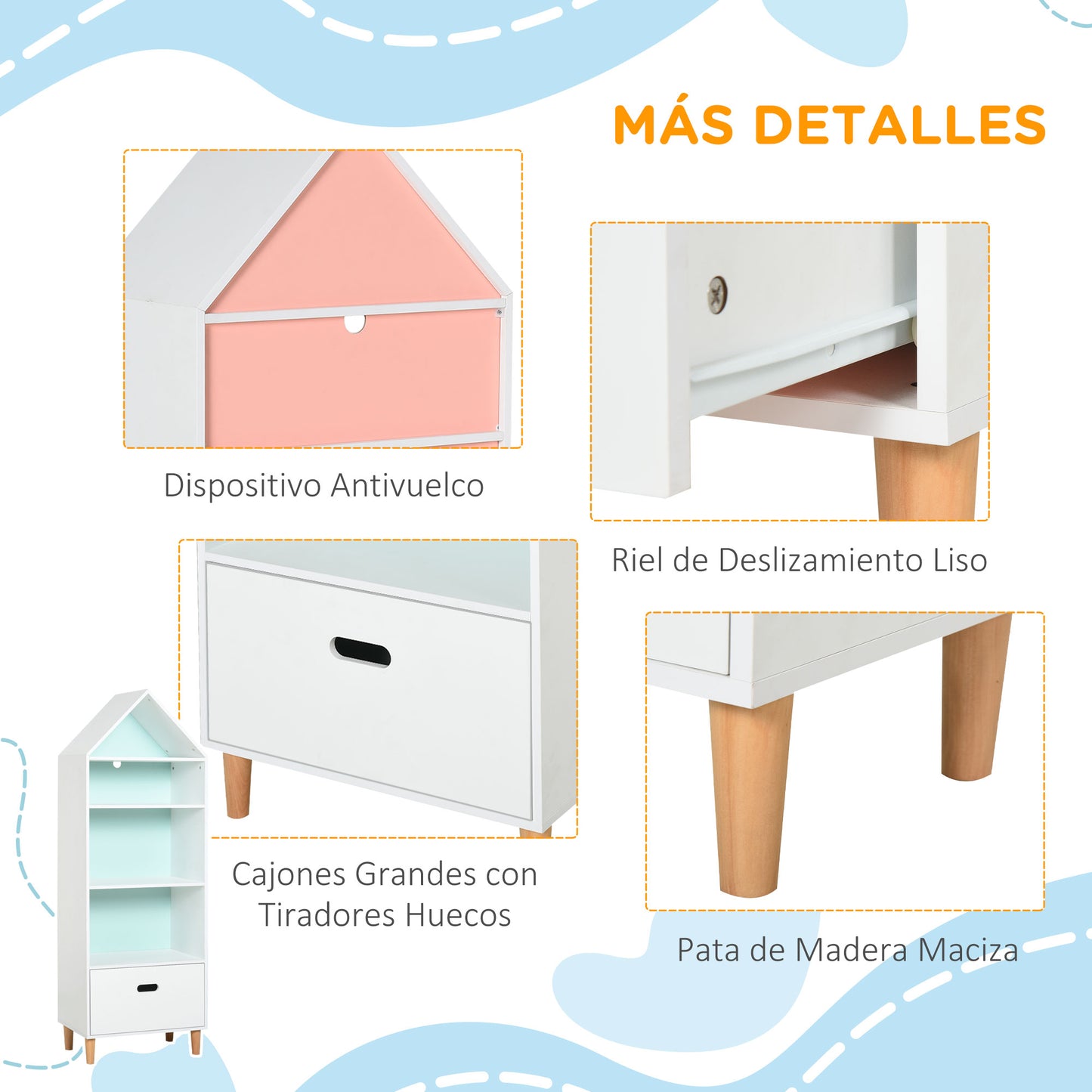 HOMCOM Estantería Infantil Librería de Madera para Niños para Libros Juguetes DVDs con 4 Estantes 1 Cajón Tablero de 2 Colores Diseño Compacto 50x30x142 cm Blanco