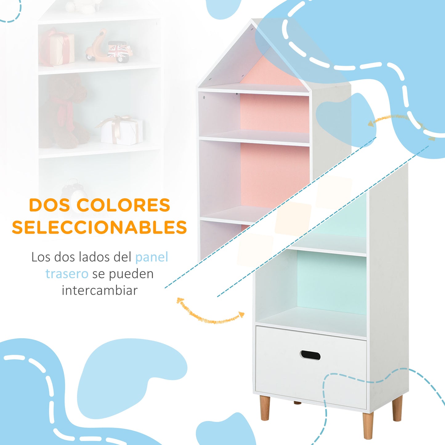 HOMCOM Estantería Infantil Librería de Madera para Niños para Libros Juguetes DVDs con 4 Estantes 1 Cajón Tablero de 2 Colores Diseño Compacto 50x30x142 cm Blanco