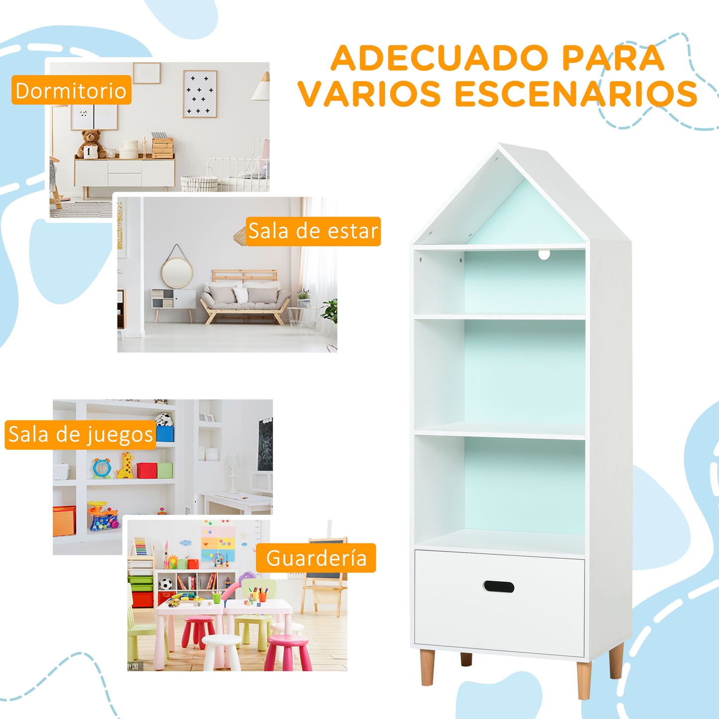 HOMCOM Estantería Infantil Librería de Madera para Niños para Libros Juguetes DVDs con 4 Estantes 1 Cajón Tablero de 2 Colores Diseño Compacto 50x30x142 cm Blanco