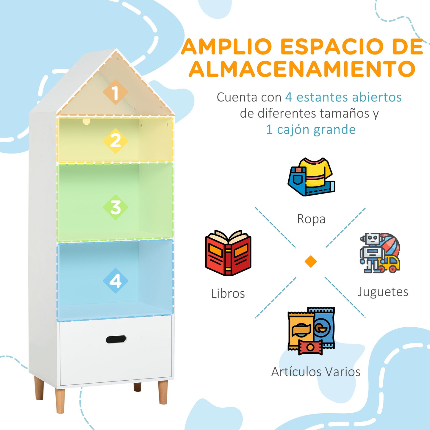 HOMCOM Estantería Infantil Librería de Madera para Niños para Libros Juguetes DVDs con 4 Estantes 1 Cajón Tablero de 2 Colores Diseño Compacto 50x30x142 cm Blanco