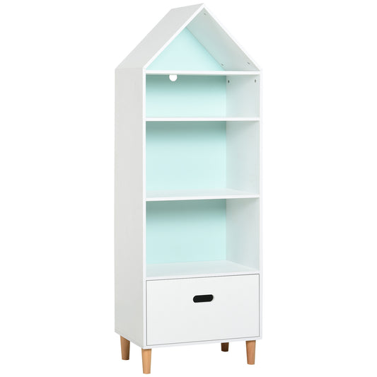 HOMCOM Estantería Infantil Librería de Madera para Niños para Libros Juguetes DVDs con 4 Estantes 1 Cajón Tablero de 2 Colores Diseño Compacto 50x30x142 cm Blanco