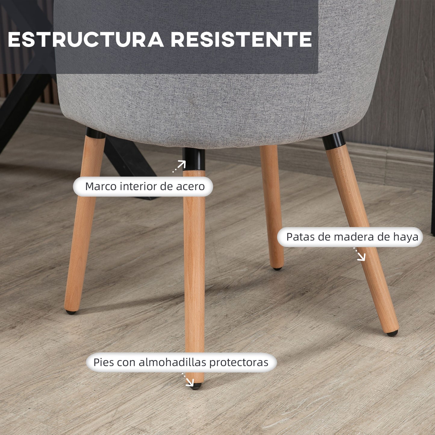 HOMCOM Silla de Comedor Butaca de Salón Tapizada en Lino Sintético con Reposabrazos y Patas de Madera para Oficina Dormitorio Carga 120 kg 57x56x72 cm Gris