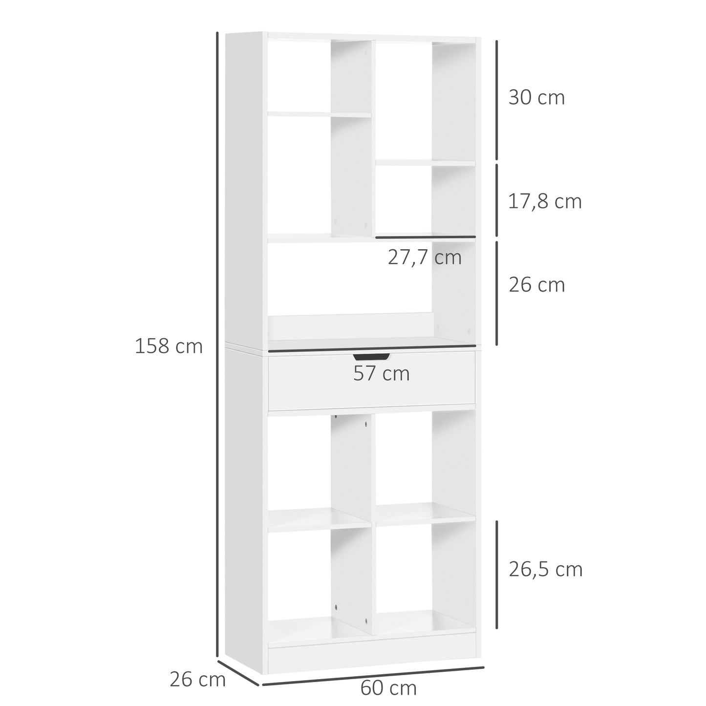 HOMCOM Estantería para Libros Librería con Cajón y 9 Compartimientos de Almacenamiento Librería Estantería para Salón Oficina Estudio 60x26x158 cm Blanco