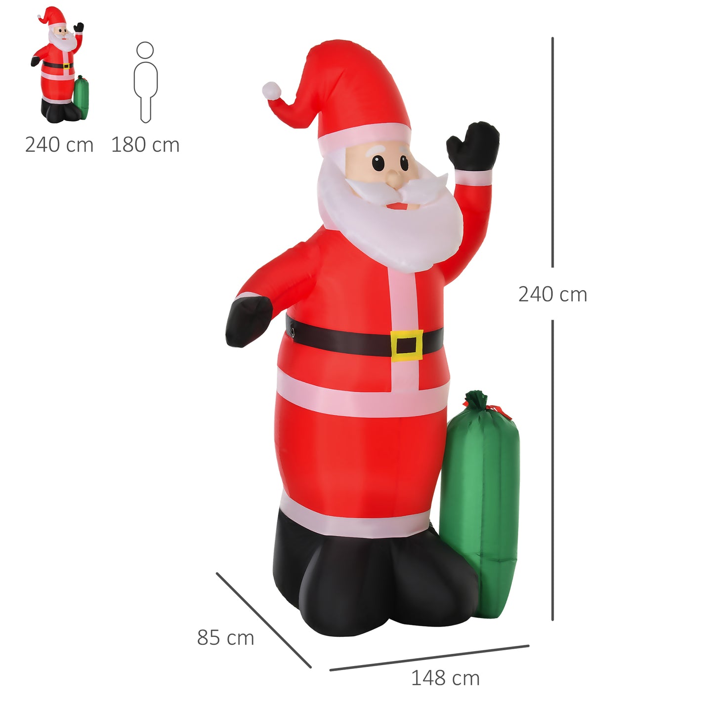 HOMCOM Papá Noel Inflable y Regalo Santa Claus Hinchable con 3 Luces LED e Inflador Eléctrico Decoración Navideña para Exteriores Interiores 148x85x240 cm Rojo y Verde