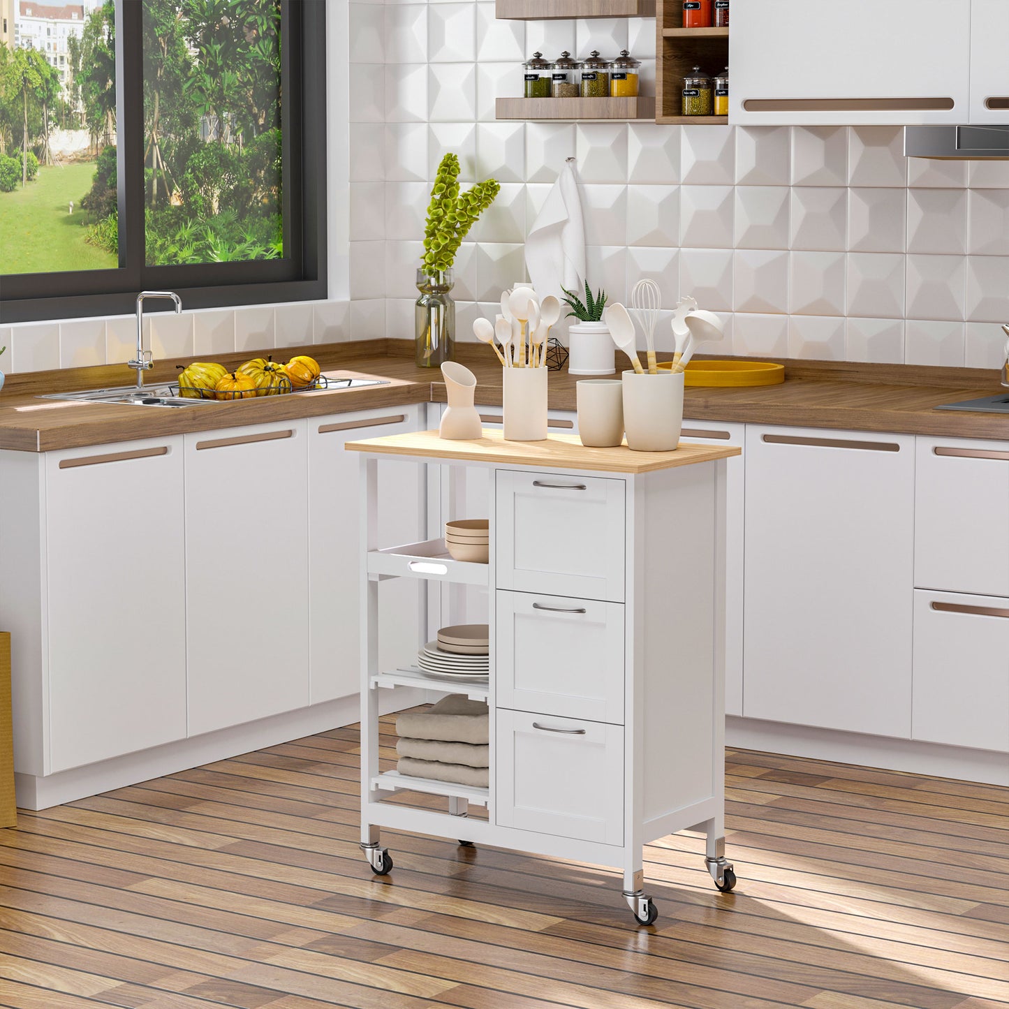 HOMCOM Carro de Cocina con Ruedas Carrito de Servicio con 3 Cajones 2 Estantes Abiertos y Bandeja Extraíble para Comedor Salón Carga 40 kg 67x37x87 cm Blanco