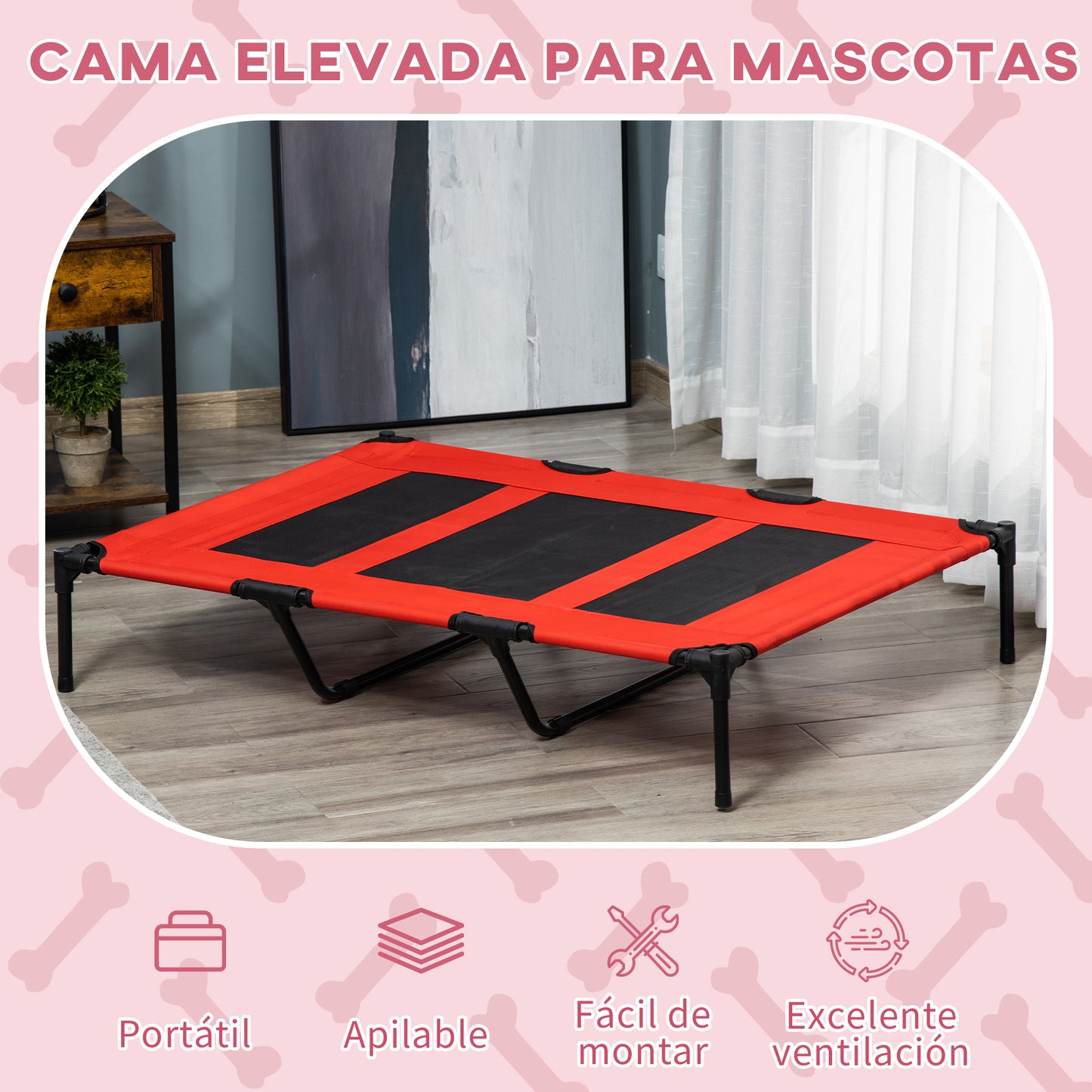 PawHut Cama Elevada para Perros Gatos Portátil Cama para Mascotas con Zona de Malla Transpirable y Tela Oxford para Interior Exterior 122x92x23 cm Rojo