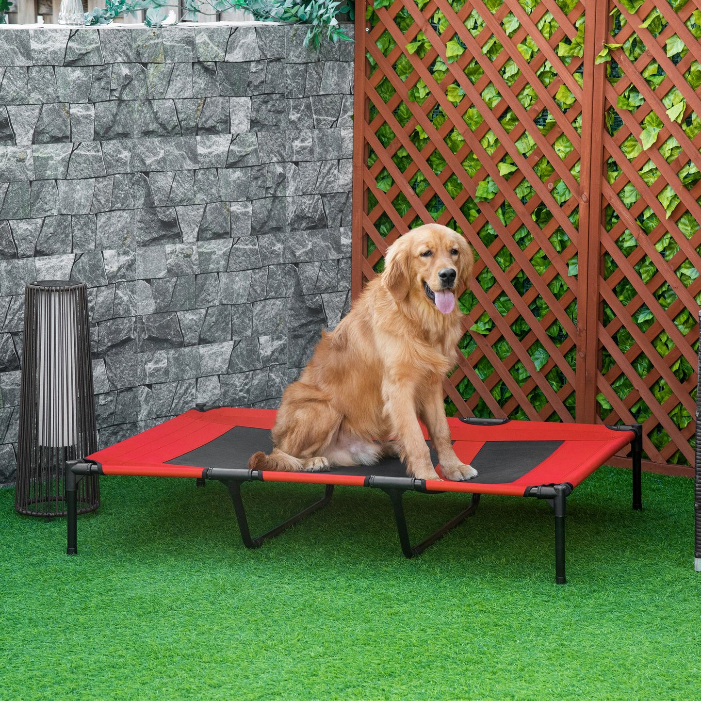 PawHut Cama Elevada para Perros Gatos Portátil Cama para Mascotas con Zona de Malla Transpirable y Tela Oxford para Interior Exterior 122x92x23 cm Rojo