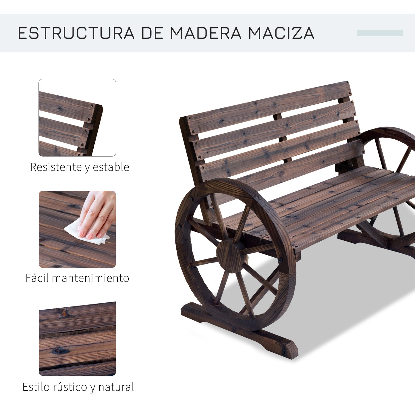 Outsunny Banco de Madera para Exteriores con Apoyabrazos en Forma de Rueda Aspecto Envejecido Jardín Balcón Terraza 105,5x59x75 cm Marrón Rústico