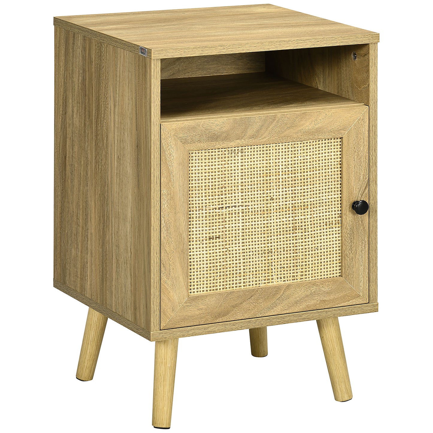 HOMCOM Mesita de Noche Mesilla de Noche con Puerta de Ratán y Compartimiento Abierto Mesa Auxiliar para Dormitorio Salón Cama 39x35x60 cm Natural