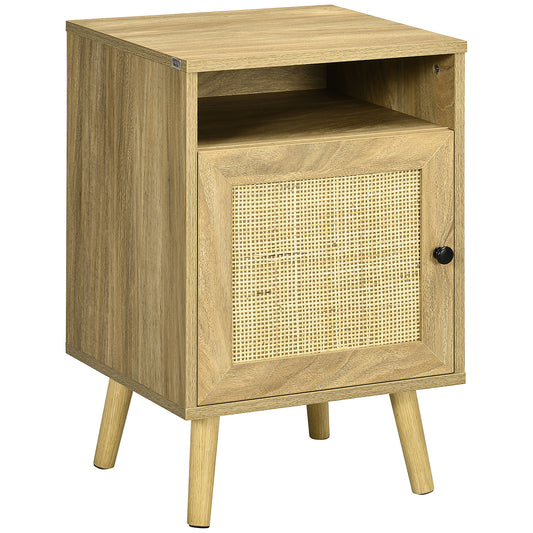 HOMCOM Mesita de Noche Mesilla de Noche con Puerta de Ratán y Compartimiento Abierto Mesa Auxiliar para Dormitorio Salón Cama 39x35x60 cm Natural