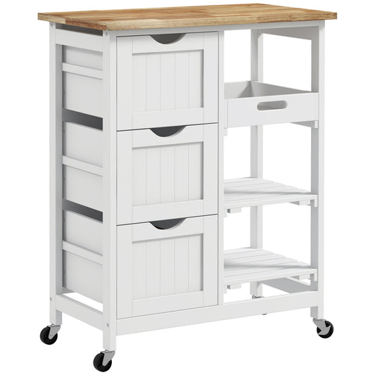 HOMCOM Carro de Cocina Carrito Auxiliar con Ruedas Carrito Verdulero con Tablero de Madera 3 Cajones 2 Estantes Abiertos y Bandeja Extraíble para Comedor Salón 67x37x85,5 cm Blanco