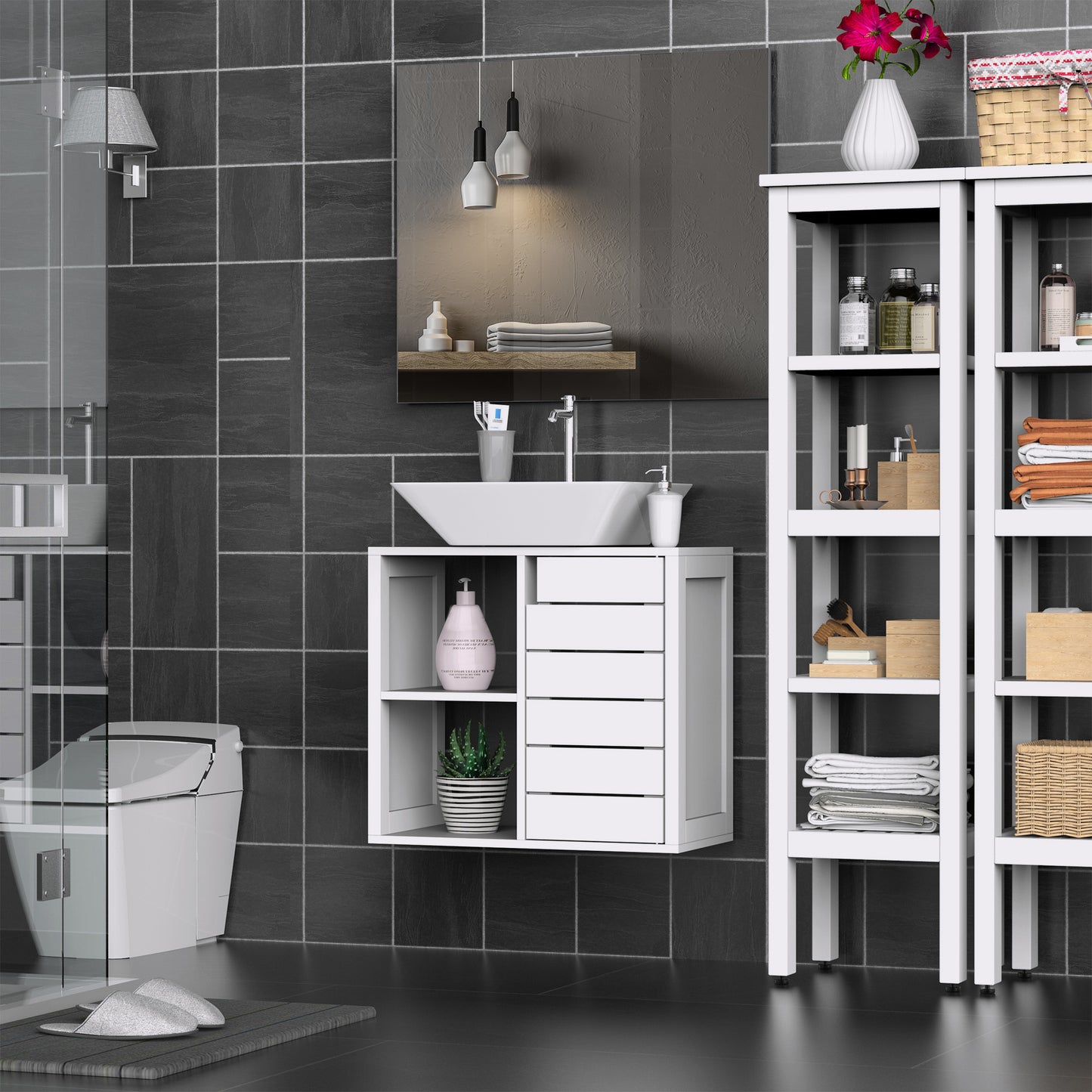 kleankin Mueble Bajo de Lavabo para Baño Suspendido Compacto con 2 Estantes Abiertos y Zona Cerrada 60x30x54 cm Blanco