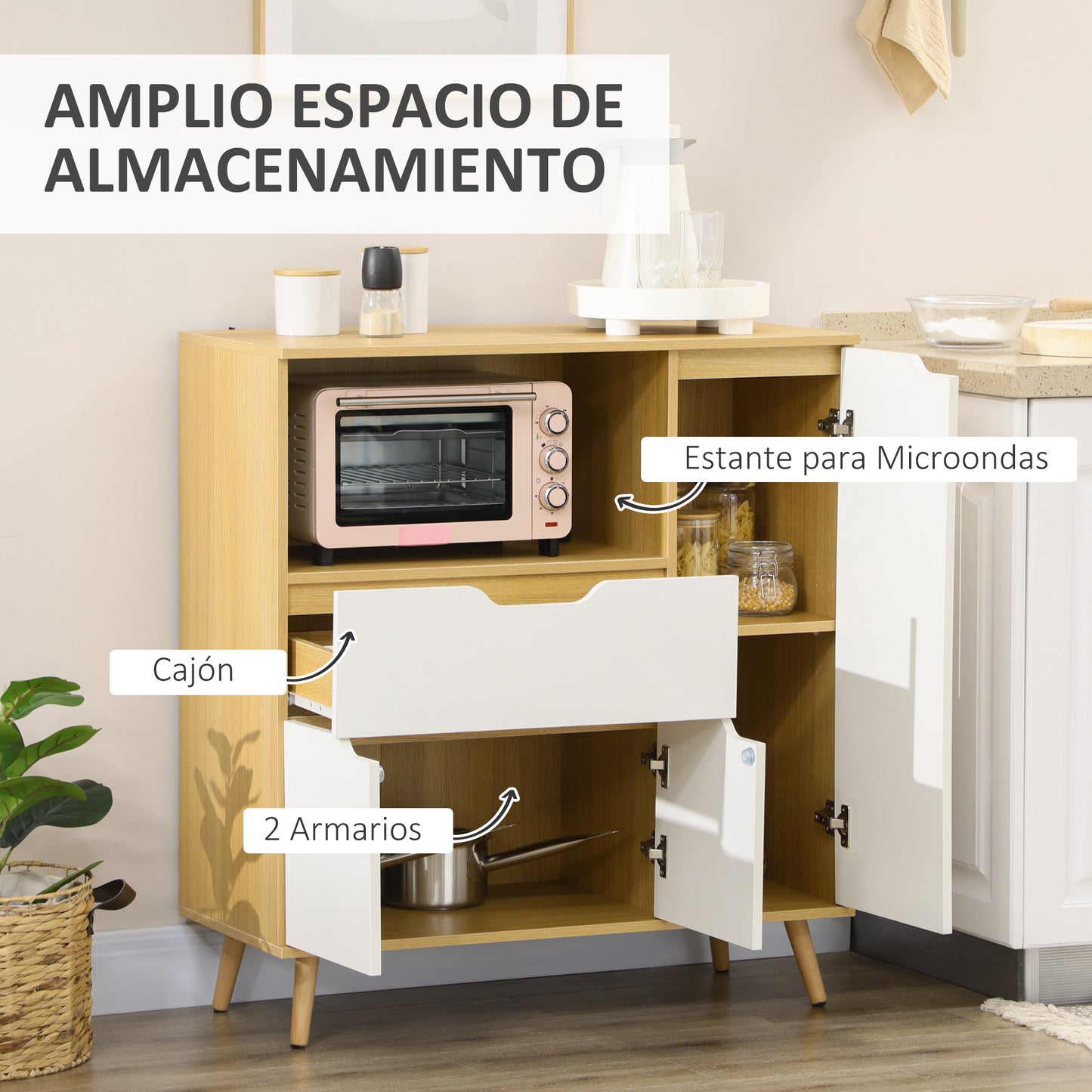 HOMCOM Aparador Auxiliar para Microondas Armario de Cocina Moderno con Cajón 3 Puertas y Compartimiento Aparador de Buffet para Comedor Salón 90x40x98,5 cm Blanco