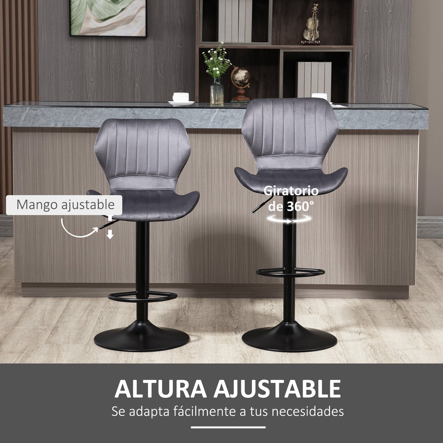 HOMCOM Juego de 2 Taburetes Altos de Cocina y Giratorio Taburetes Altos de Terciopelo con Respaldo y Estructura de Metal 47x51,5x92-114cm Gris