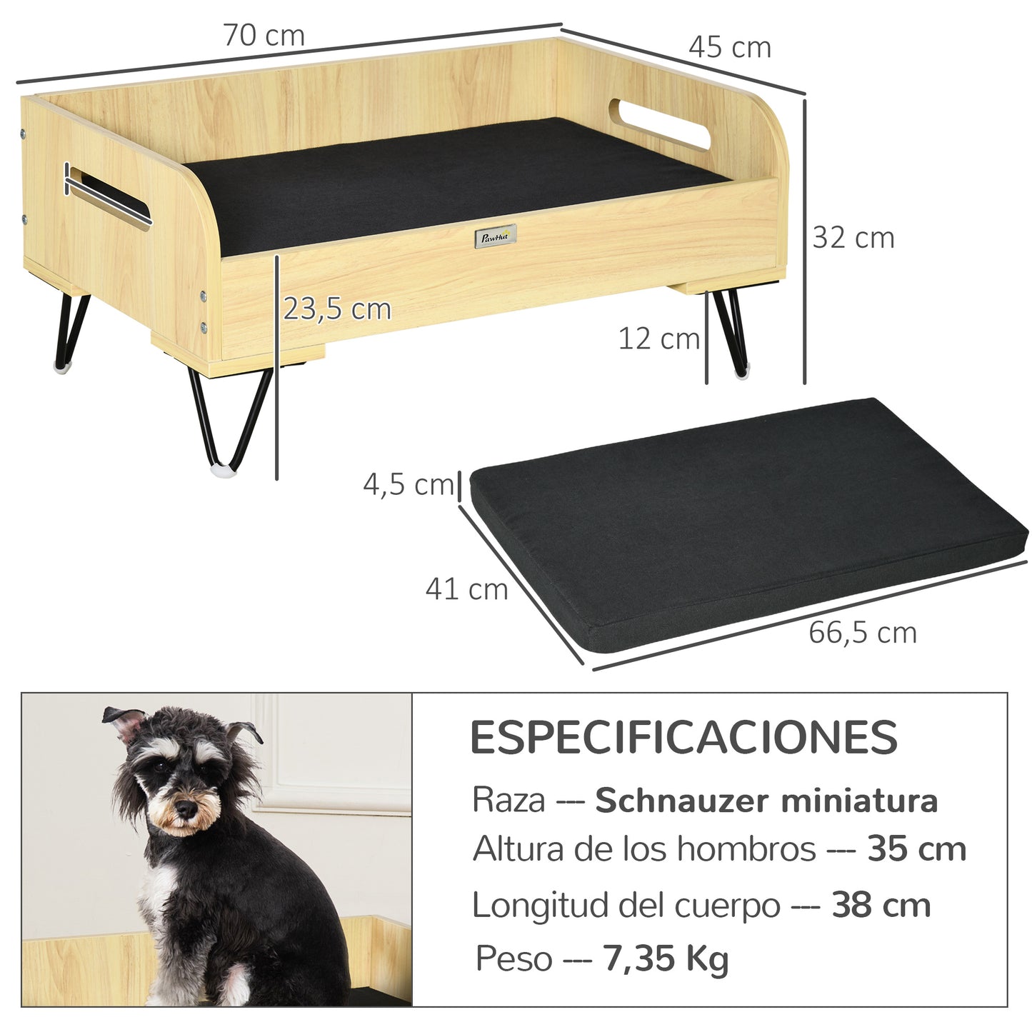 PawHut Cama de Madera para Perros Gatos Cama Cesta para Mascotas Pequeñas con Cojín Acolchado Asas y Patas de Acero 70x45x32 cm Roble y Negro