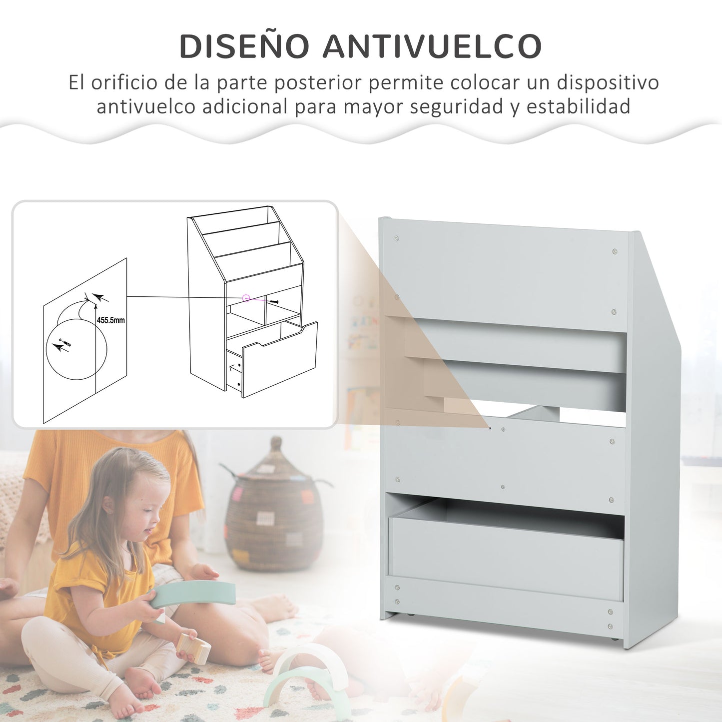 HOMCOM Estantería Infantil de Madera con 3 Compartimentos 2 Cubos y Cajón Móvil con 4 Ruedas Librería Infantil para Habitación de Niños Sala de Juegos 60x29,9x90 cm Gris