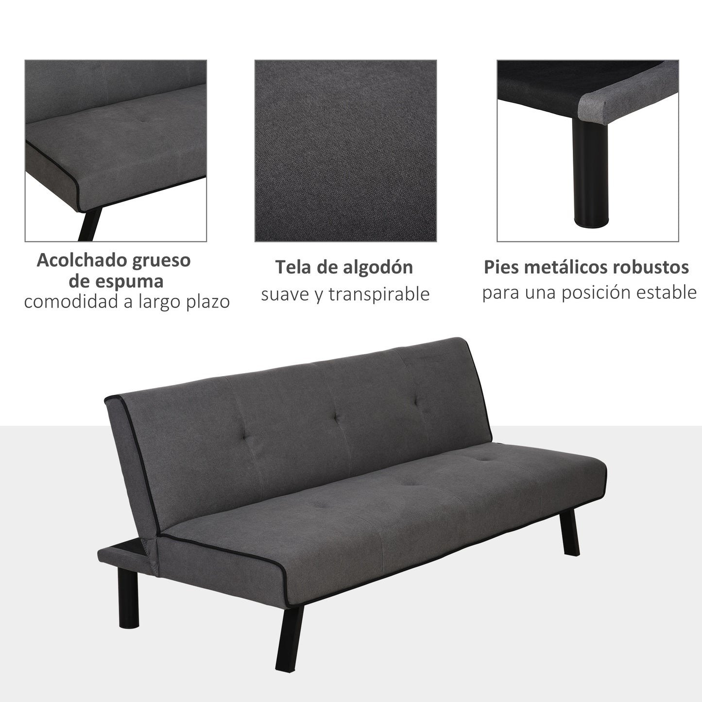 HOMCOM Sofá Cama de 3 Plazas Reclinable Sofá Cama Convertible Tapizado en Tela con Patas de Metal para Salón Carga 300 kg 170x76x72,5 cm Gris