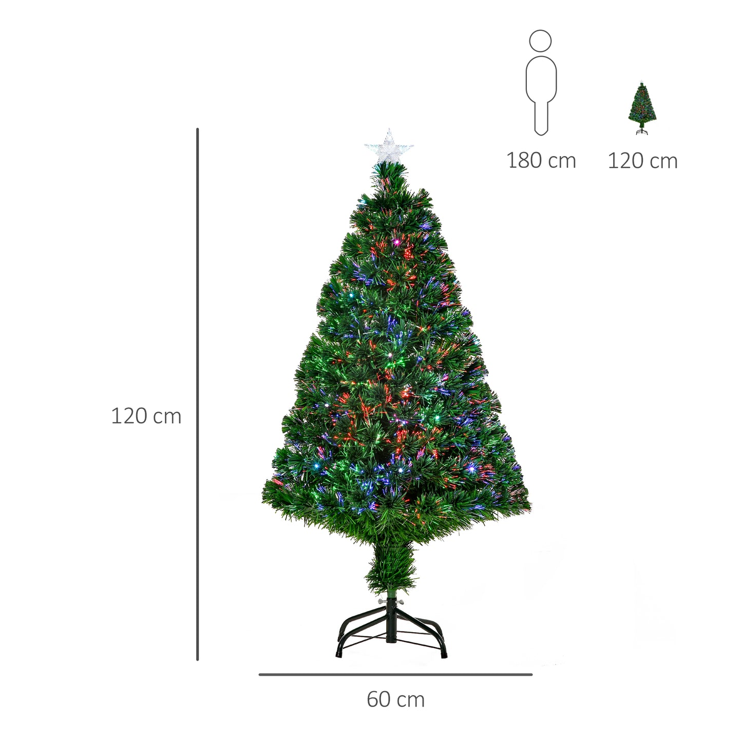 HOMCOM Árbol de Navidad 120cm Artificial Árbol de Pino Decoración Navideña con 16 LED de 3 Colores 130 Ramas Verde