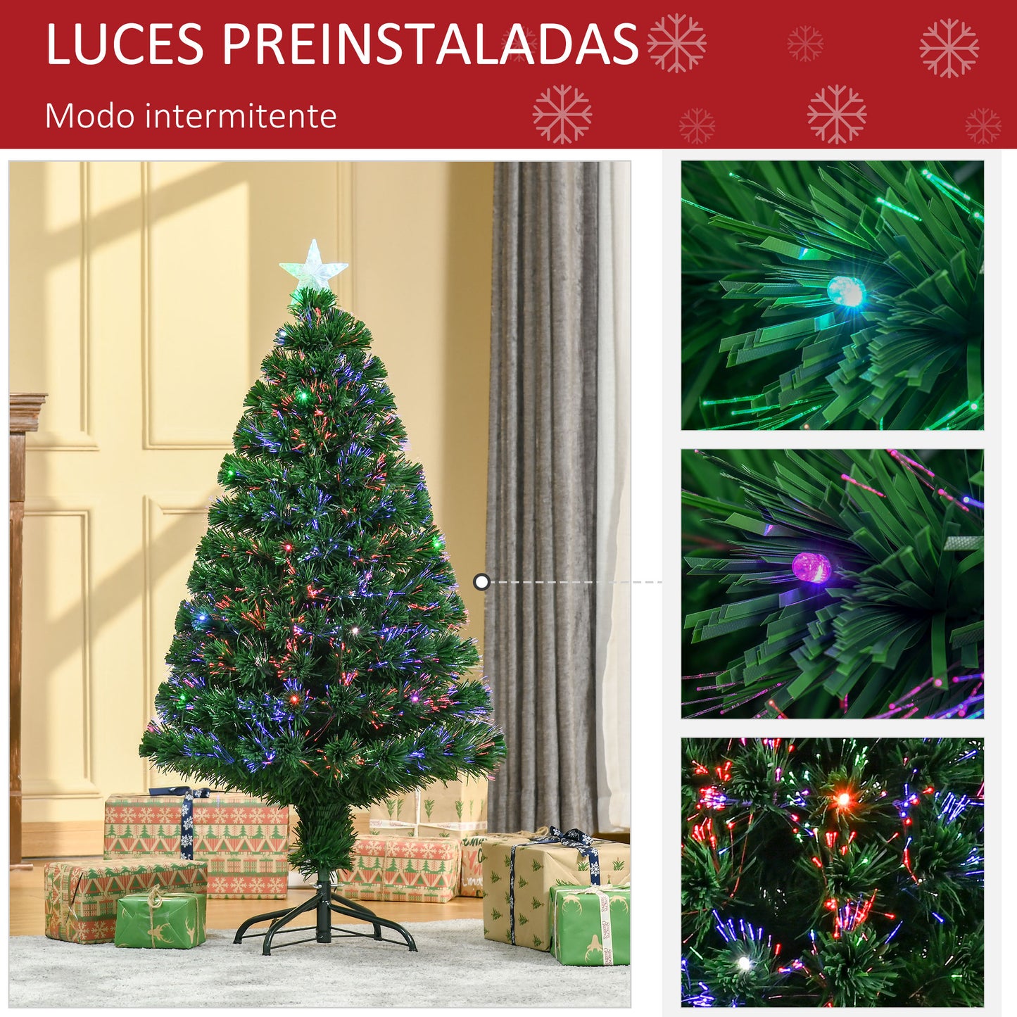 HOMCOM Árbol de Navidad 120cm Artificial Árbol de Pino Decoración Navideña con 16 LED de 3 Colores 130 Ramas Verde