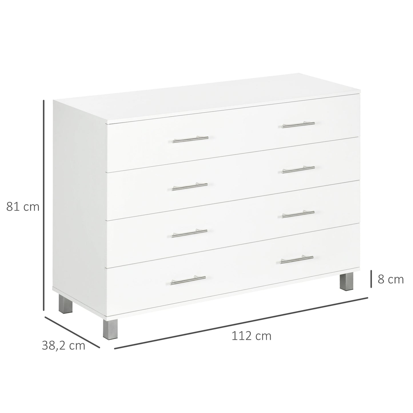 HOMCOM Cómoda con 4 Cajones Cómoda de Dormitorio de Madera con Patas Cómoda de Noche Moderno para Salón Oficina Entrada 112x38,2x81 cm Blanco