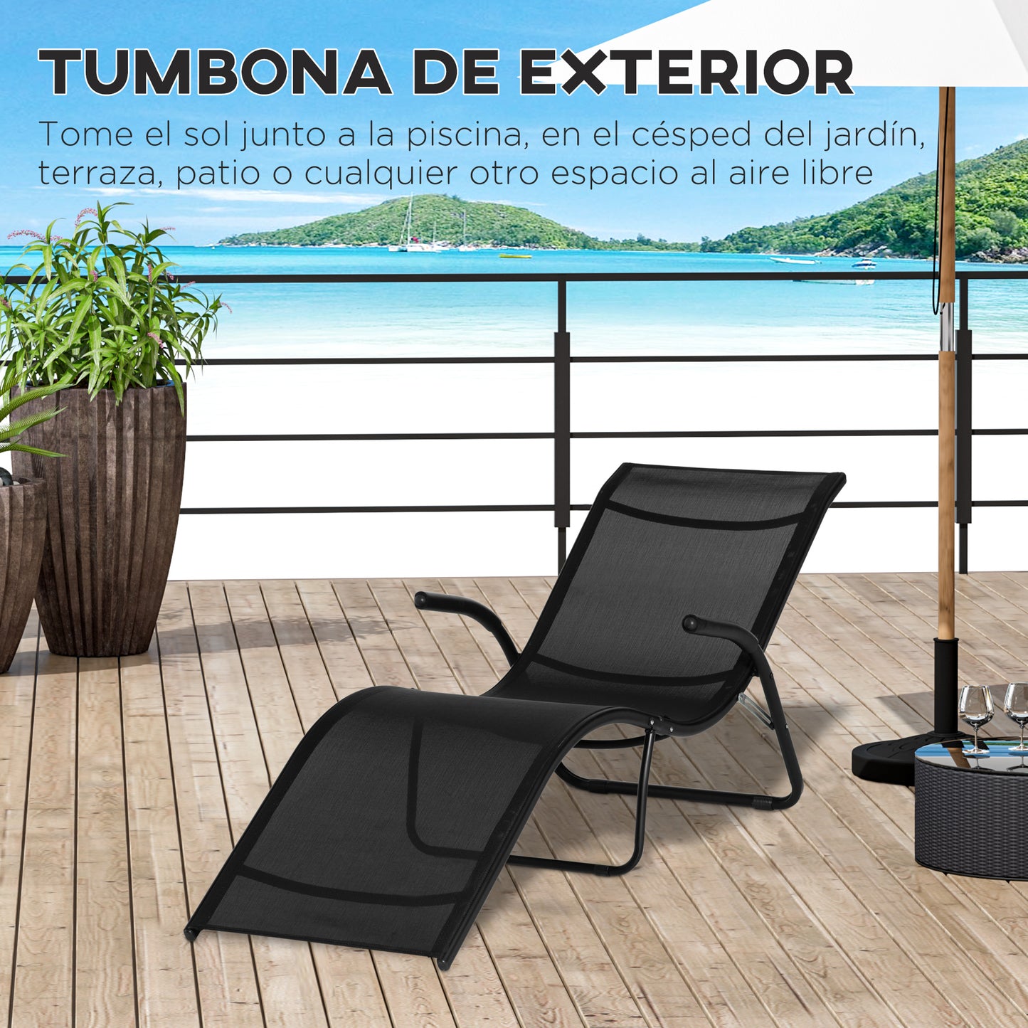 Outsunny Tumbona Plegable de Jardín con Reposabrazos Reposapiés Respaldo Transpirable y Marco de Metal Ergonómico para Terraza Playa Camping Exterior Piscina 170x62x68 cm Negro