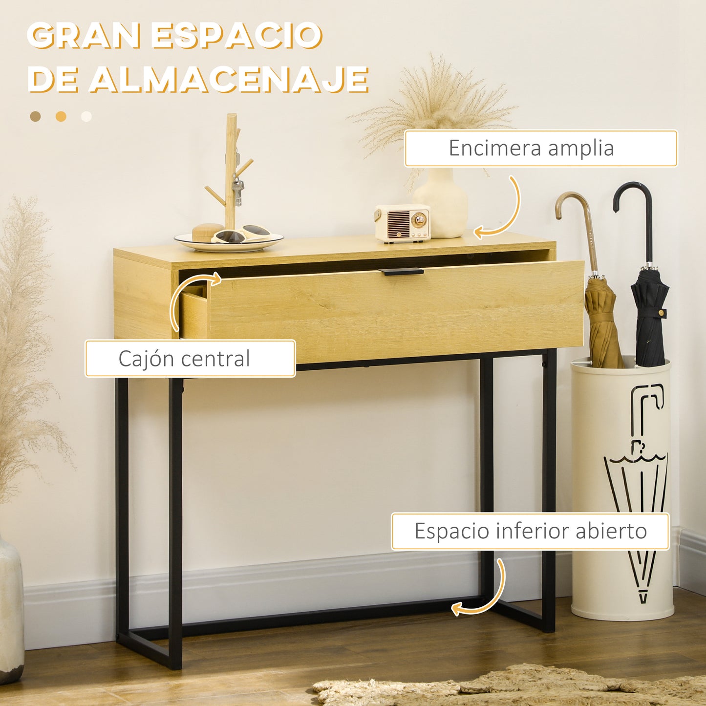 HOMCOM Mesa Consola con Cajón Consola Auxiliar Moderna Mesa de Entrada con Patas de Acero para Pasillo Salón Dormitorio 80x30x76 cm Natural