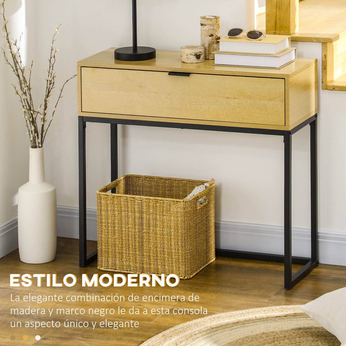 HOMCOM Mesa Consola con Cajón Consola Auxiliar Moderna Mesa de Entrada con Patas de Acero para Pasillo Salón Dormitorio 80x30x76 cm Natural