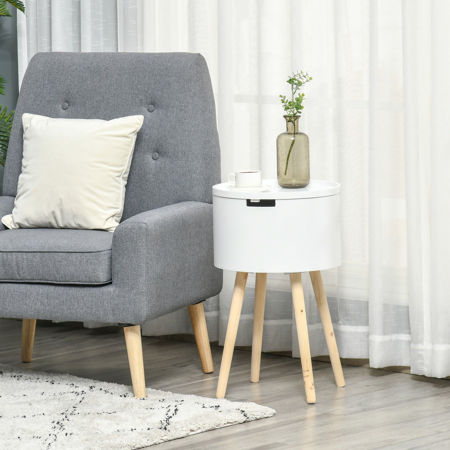 HOMCOM Mesa Auxiliar de Salón Moderna Mesita de Noche con Tapa Extraíble Espacio de Almacenamiento y Patas de Madera para Dormitorio Sofá Esquina Ø38x63 cm Blanco