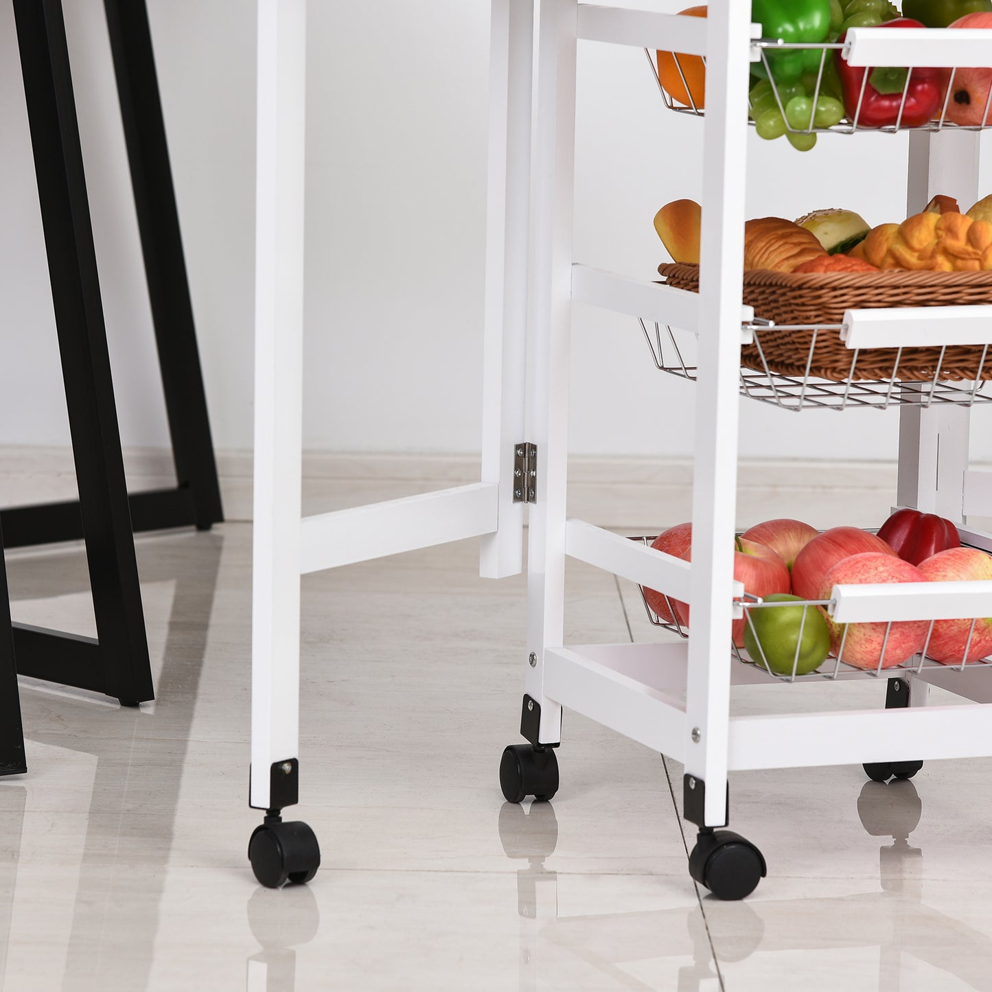 HOMCOM Carrito de Cocina Plegable Carrito Auxiliar con 6 Ruedas 1 Cajón y 3 Cesta de Metal Carro de Servicio Multifuncional para Almacenamiento Carga 50 kg 97,2x37x77,5 cm Blanco y Roble