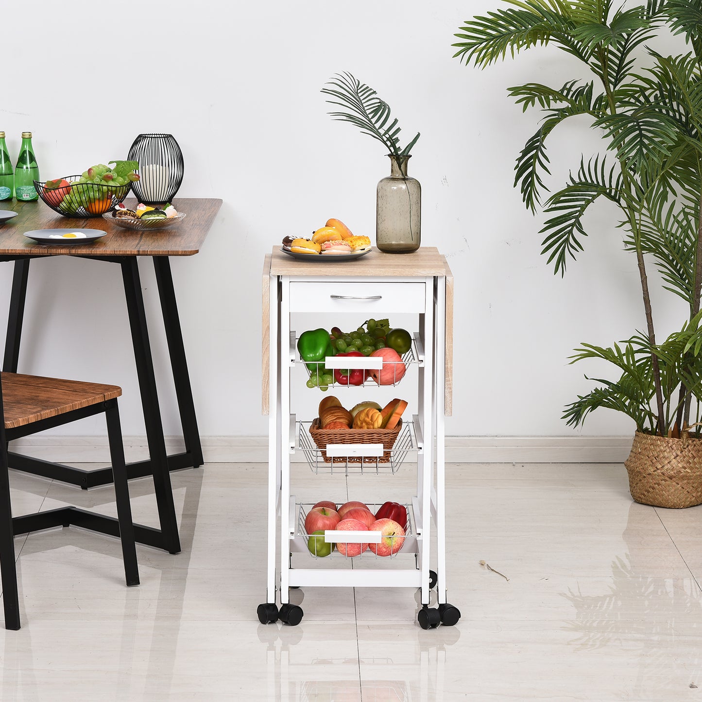 HOMCOM Carrito de Cocina Plegable Carrito Auxiliar con 6 Ruedas 1 Cajón y 3 Cesta de Metal Carro de Servicio Multifuncional para Almacenamiento Carga 50 kg 97,2x37x77,5 cm Blanco y Roble