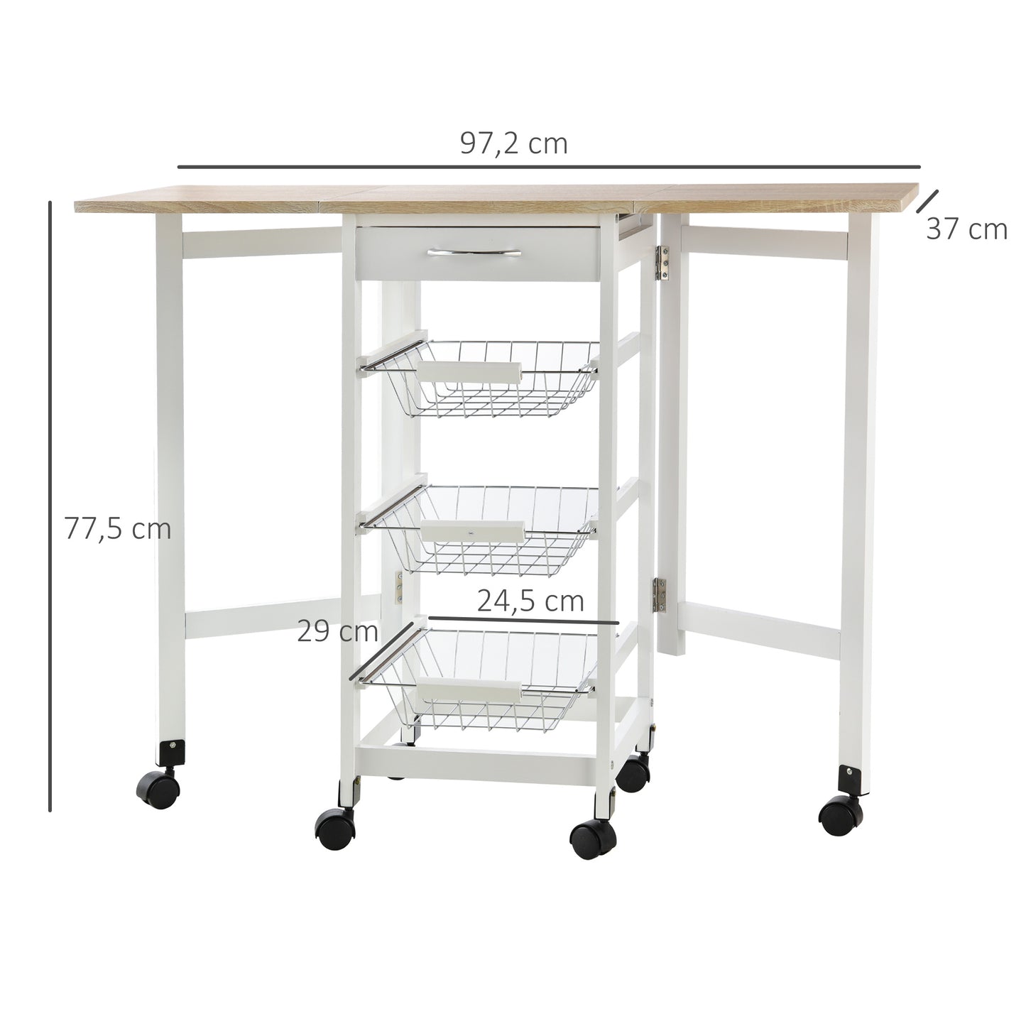 HOMCOM Carrito de Cocina Plegable Carrito Auxiliar con 6 Ruedas 1 Cajón y 3 Cesta de Metal Carro de Servicio Multifuncional para Almacenamiento Carga 50 kg 97,2x37x77,5 cm Blanco y Roble