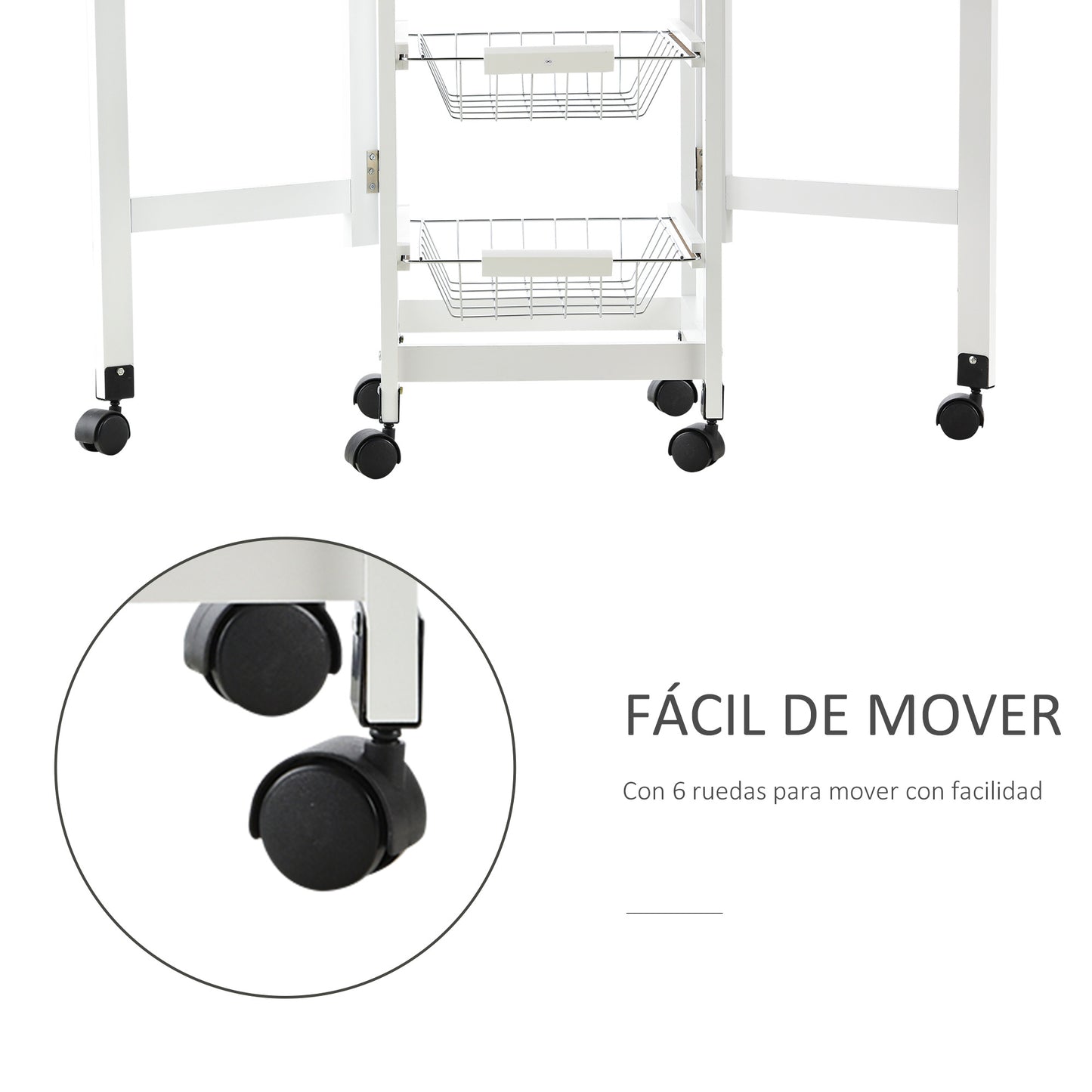 HOMCOM Carrito de Cocina Plegable Carrito Auxiliar con 6 Ruedas 1 Cajón y 3 Cesta de Metal Carro de Servicio Multifuncional para Almacenamiento Carga 50 kg 97,2x37x77,5 cm Blanco y Roble