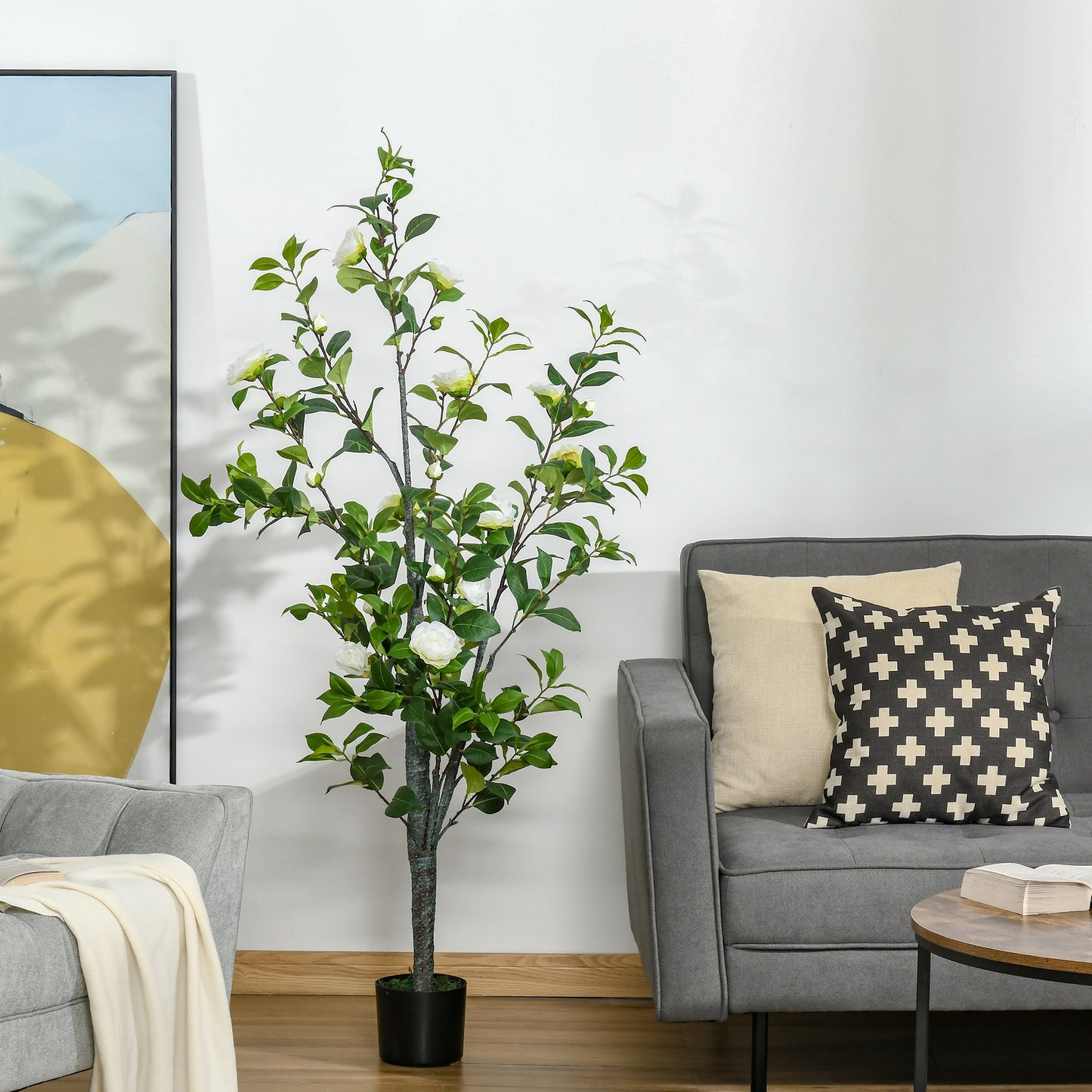 HOMCOM Árbol de Camelia Artificial 150 cm con Maceta de Cemento Hojas Realistas y Flores de Tela Planta Sintética Decoración para Hogar Oficina y Exterior Verde