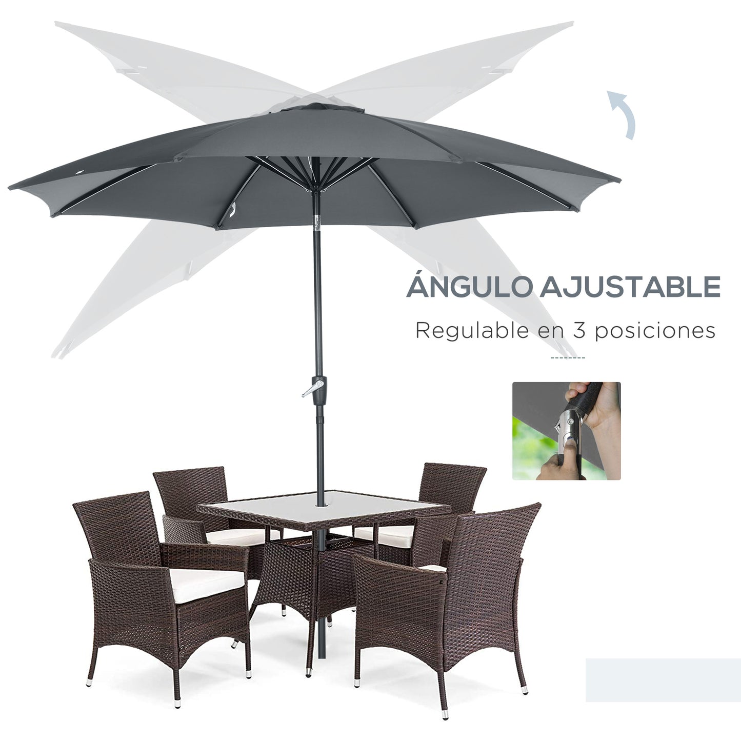 Outsunny Sombrilla de Jardín Ø300x252 cm Parasol de Terraza con Manivela Techo Inclinable y 8 Varillas de Metal para Patio Balcón Exterior Gris