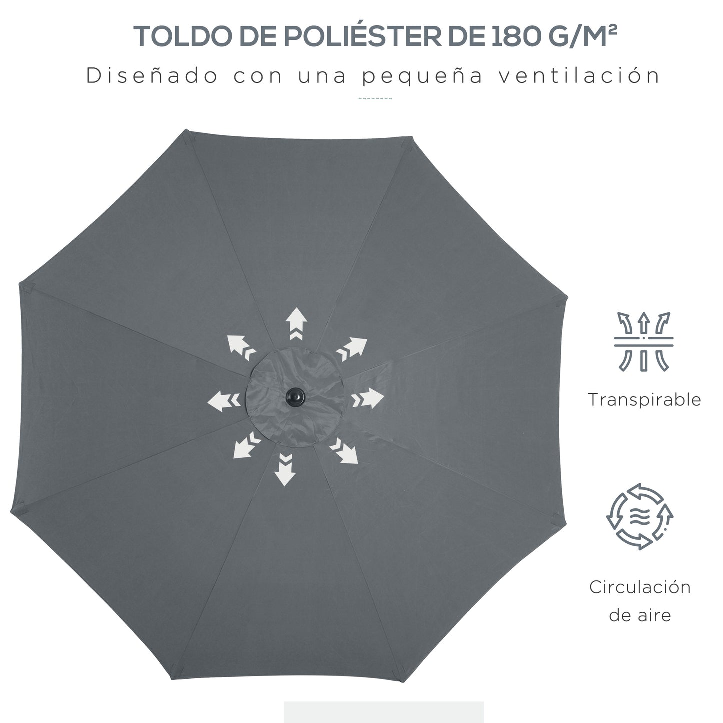 Outsunny Sombrilla de Jardín Ø300x252 cm Parasol de Terraza con Manivela Techo Inclinable y 8 Varillas de Metal para Patio Balcón Exterior Gris