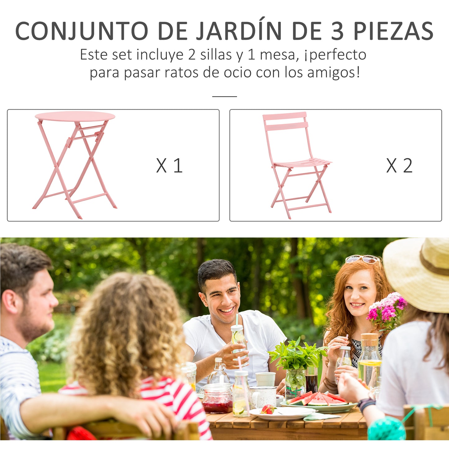 Outsunny Conjunto de Muebles de Jardín Plegable Juego de 1 Mesa Redonda y 2 Sillas de Terraza con Marco de Acero y Respaldo para Balcón Patio Rosa